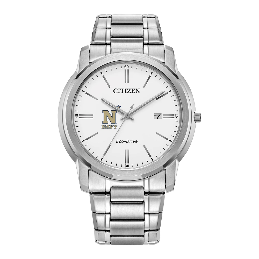 Men's Citizen Watch Silver Navy Midshipmen Eco-Drive White Dial Stainless Steel Watch