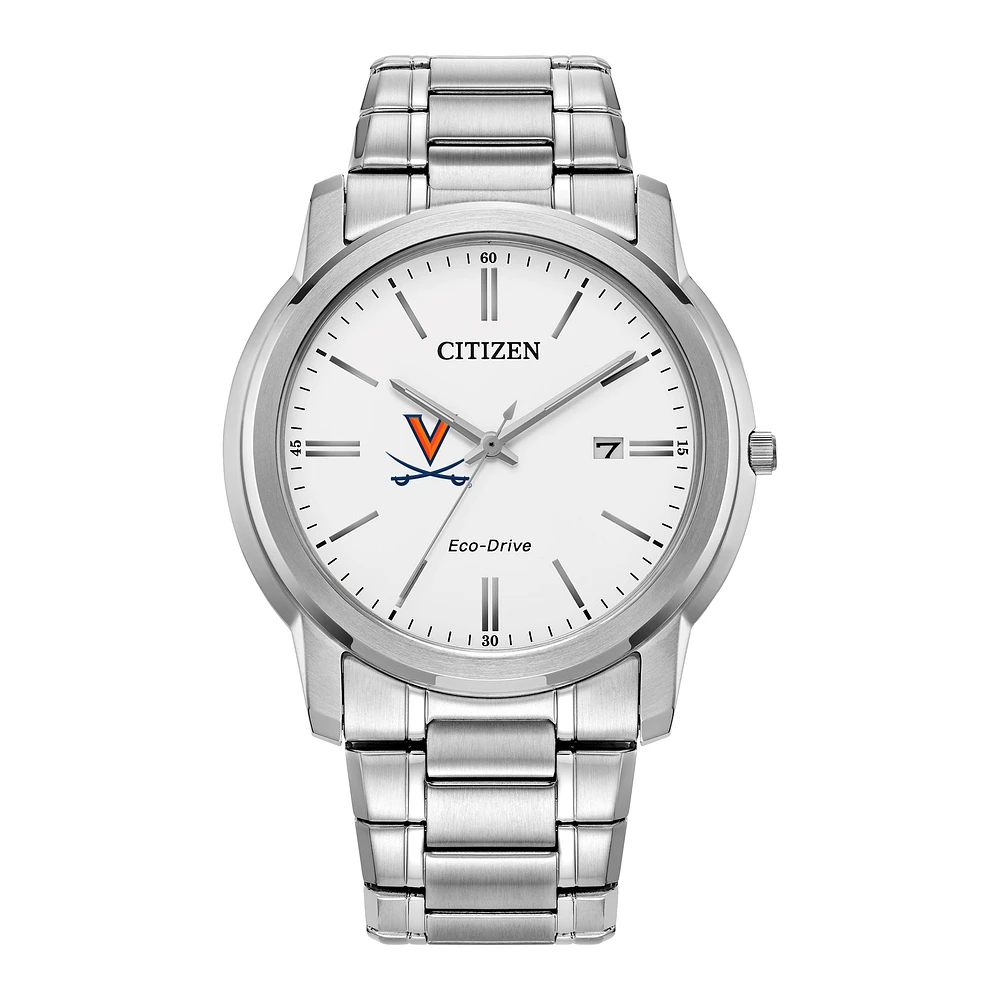 Men's Citizen Watch Silver Virginia Cavaliers Eco-Drive White Dial Stainless Steel Watch