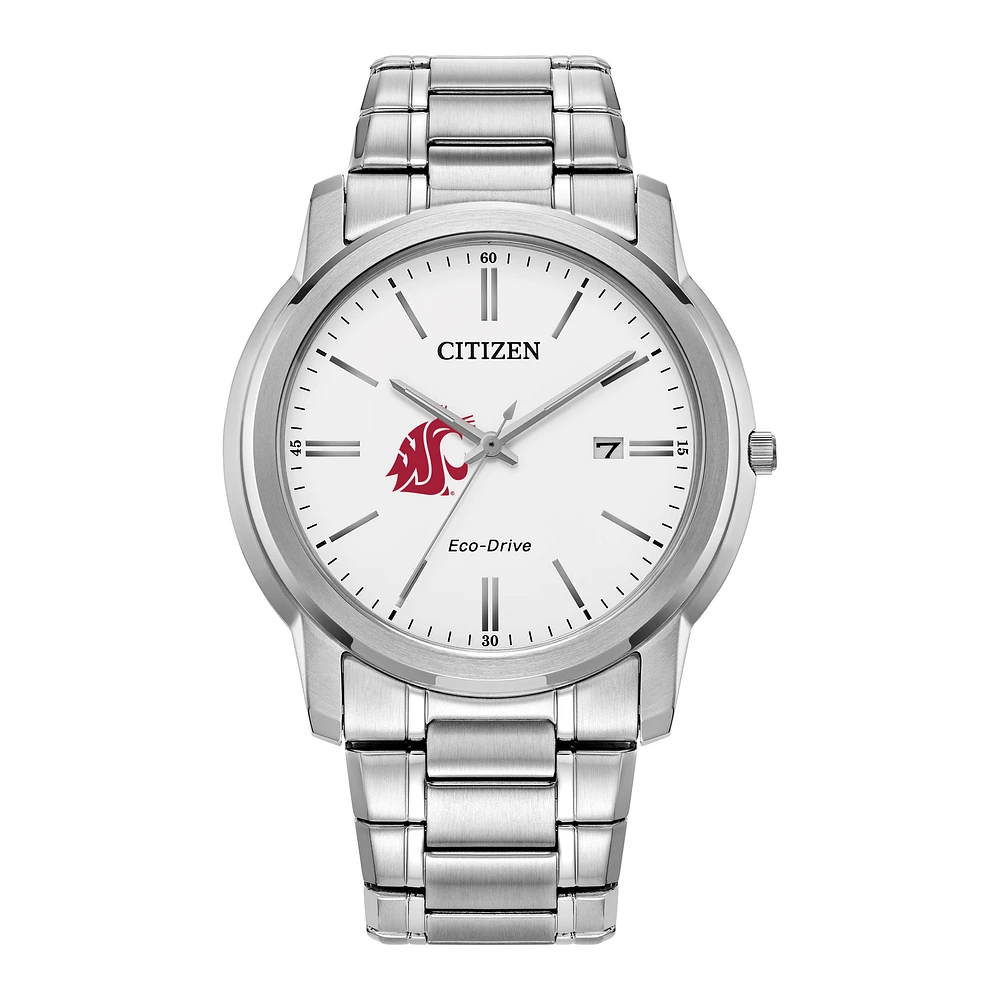 Men's Citizen Watch Silver Washington State Cougars Eco-Drive White Dial Stainless Steel Watch
