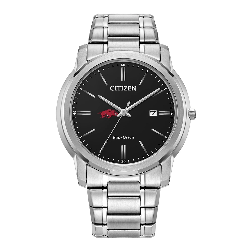 Men's Citizen Watch Silver Arkansas Razorbacks Eco-Drive Black Dial Stainless Steel Watch