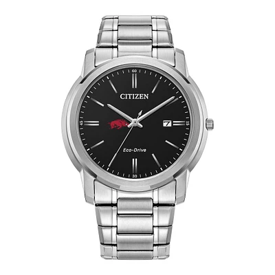 Men's Citizen Watch Silver Arkansas Razorbacks Eco-Drive Black Dial Stainless Steel Watch