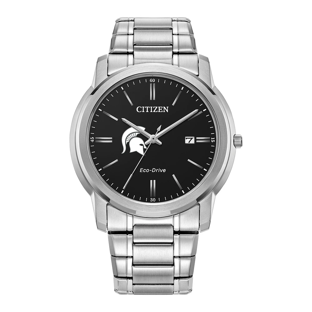 Men's Citizen Watch Silver Michigan State Spartans Eco-Drive Black Dial Stainless Steel Watch