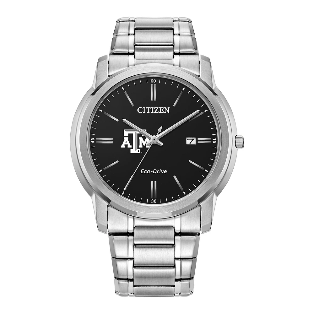 Men's Citizen Watch Silver Texas A&M Aggies Eco-Drive Black Dial Stainless Steel Watch