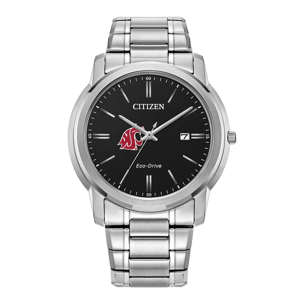 Men's Citizen Watch Silver Washington State Cougars Eco-Drive Black Dial Stainless Steel Watch