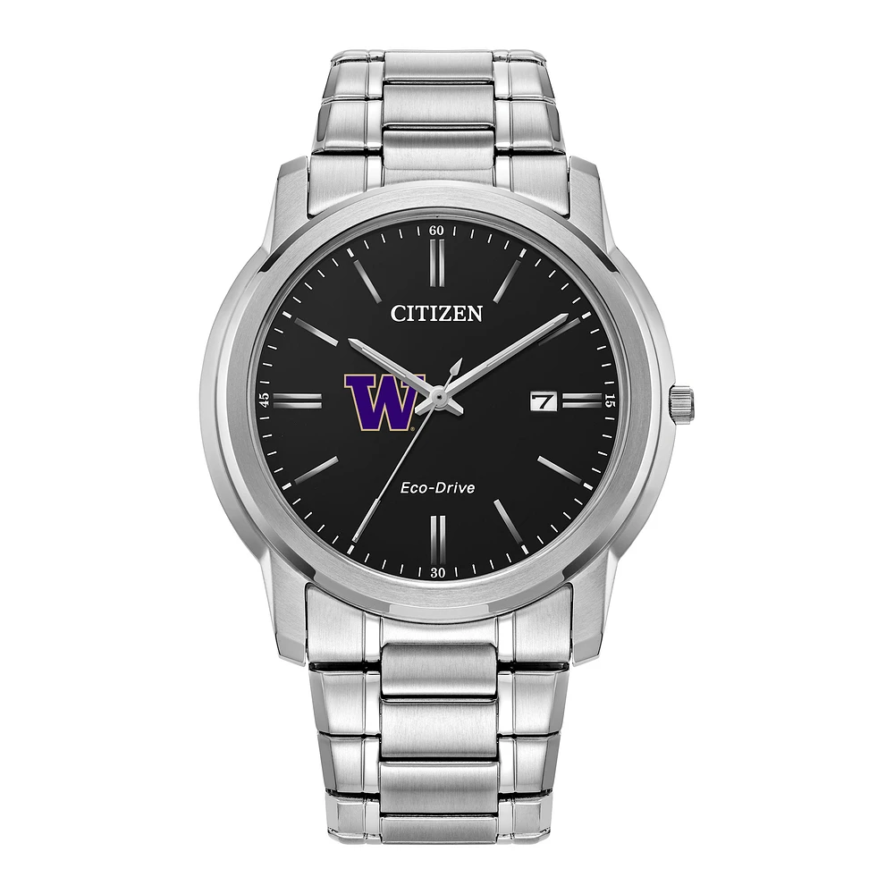 Men's Citizen Watch Silver Washington Huskies Eco-Drive Black Dial Stainless Steel Watch