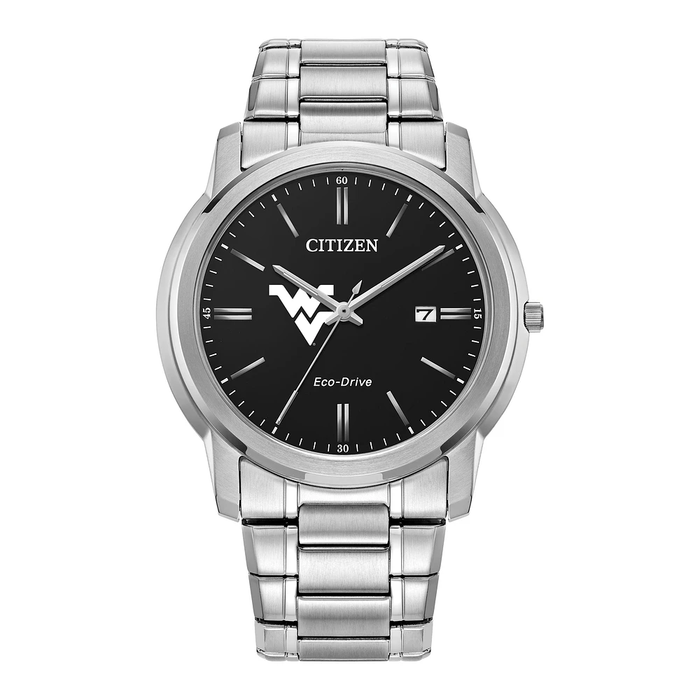 Men's Citizen Watch Silver West Virginia Mountaineers Eco-Drive Black Dial Stainless Steel Watch