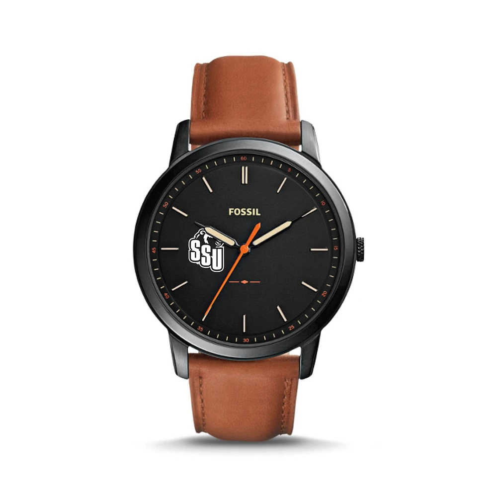 Men's Fossil Black/Brown Shawnee State Bears Minimalist Slim Light Brown Leather Watch