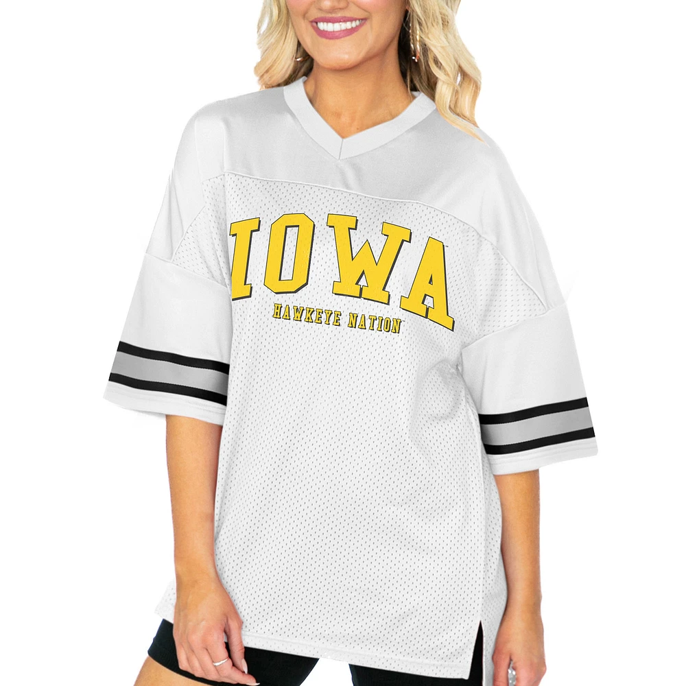 Women's Gameday Couture White Iowa Hawkeyes Option Play Oversized Mesh Fashion Jersey