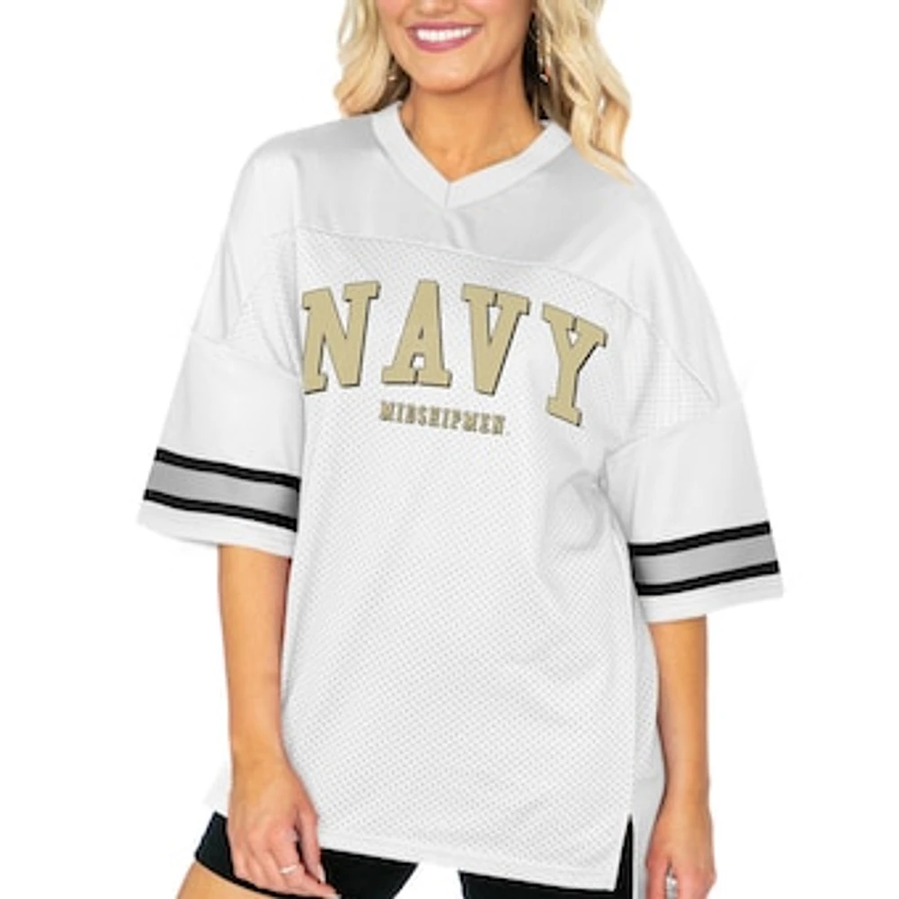 Women's Gameday Couture White Navy Midshipmen Option Play Oversized Mesh Fashion Jersey