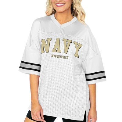 Women's Gameday Couture White Navy Midshipmen Option Play Oversized Mesh Fashion Jersey