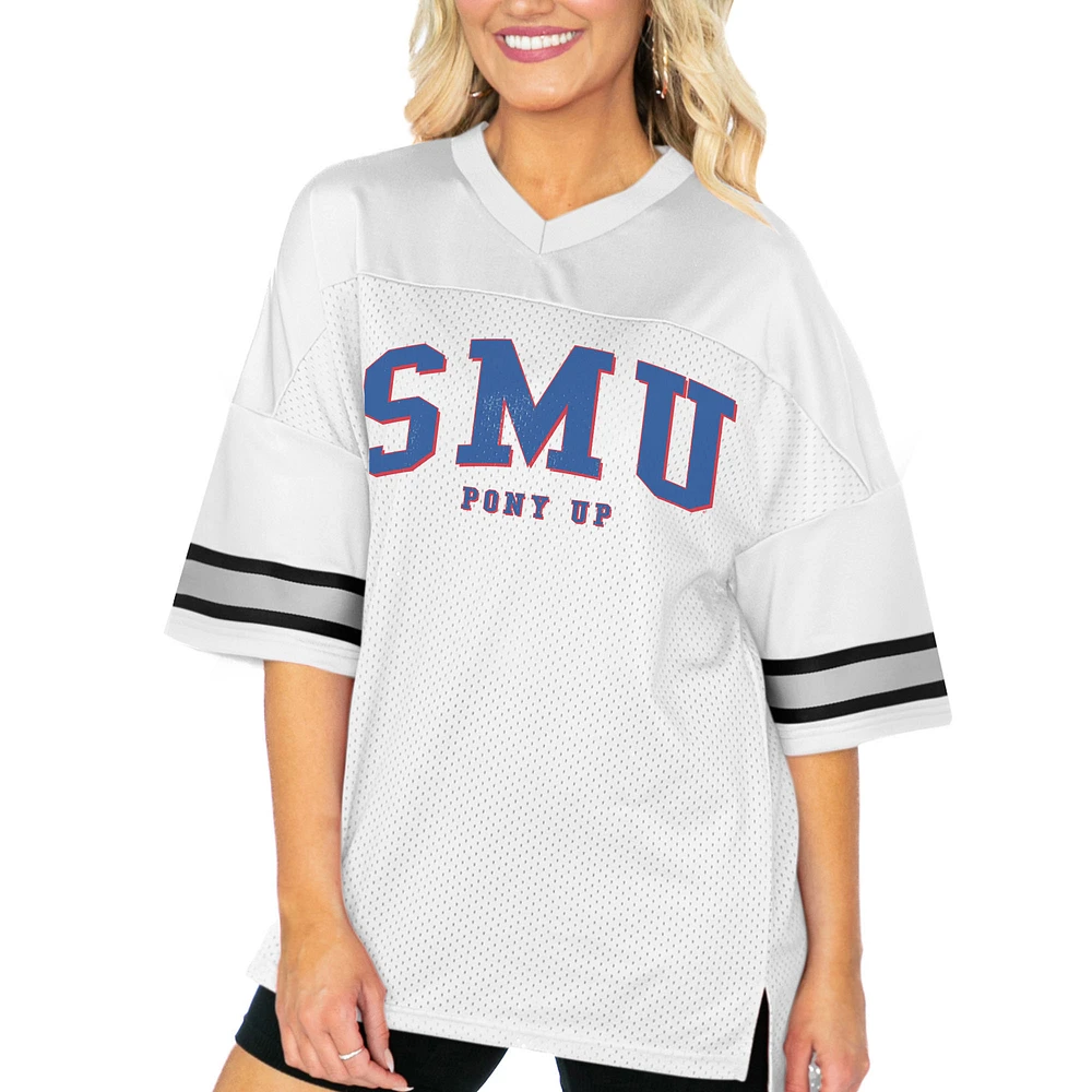 Women's Gameday Couture White SMU Mustangs Option Play Oversized Mesh Fashion Jersey
