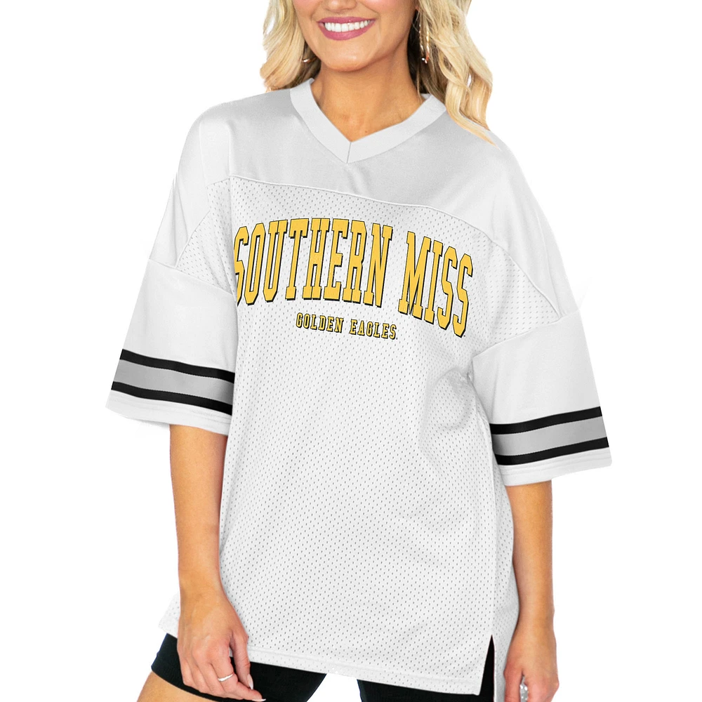 Women's Gameday Couture White Southern Miss Golden Eagles Option Play Oversized Mesh Fashion Jersey