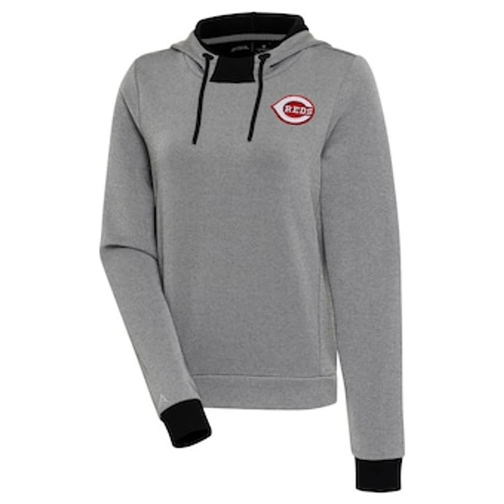 Women's Antigua Black/White Cincinnati Reds Axe Bunker Tri-Blend Pullover Hoodie