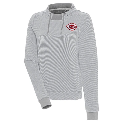 Women's Antigua Gray/White Cincinnati Reds Axe Bunker Tri-Blend Pullover Hoodie