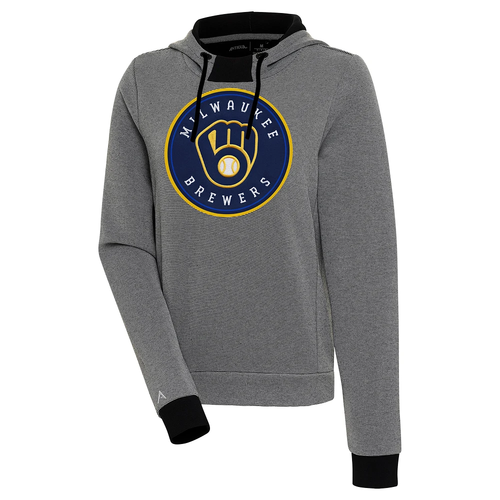 Women's Antigua Black/White Milwaukee Brewers Axe Bunker Tri-Blend Pullover Hoodie