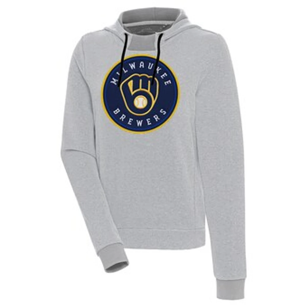Women's Antigua /White Milwaukee Brewers Axe Bunker Tri-Blend Pullover Hoodie