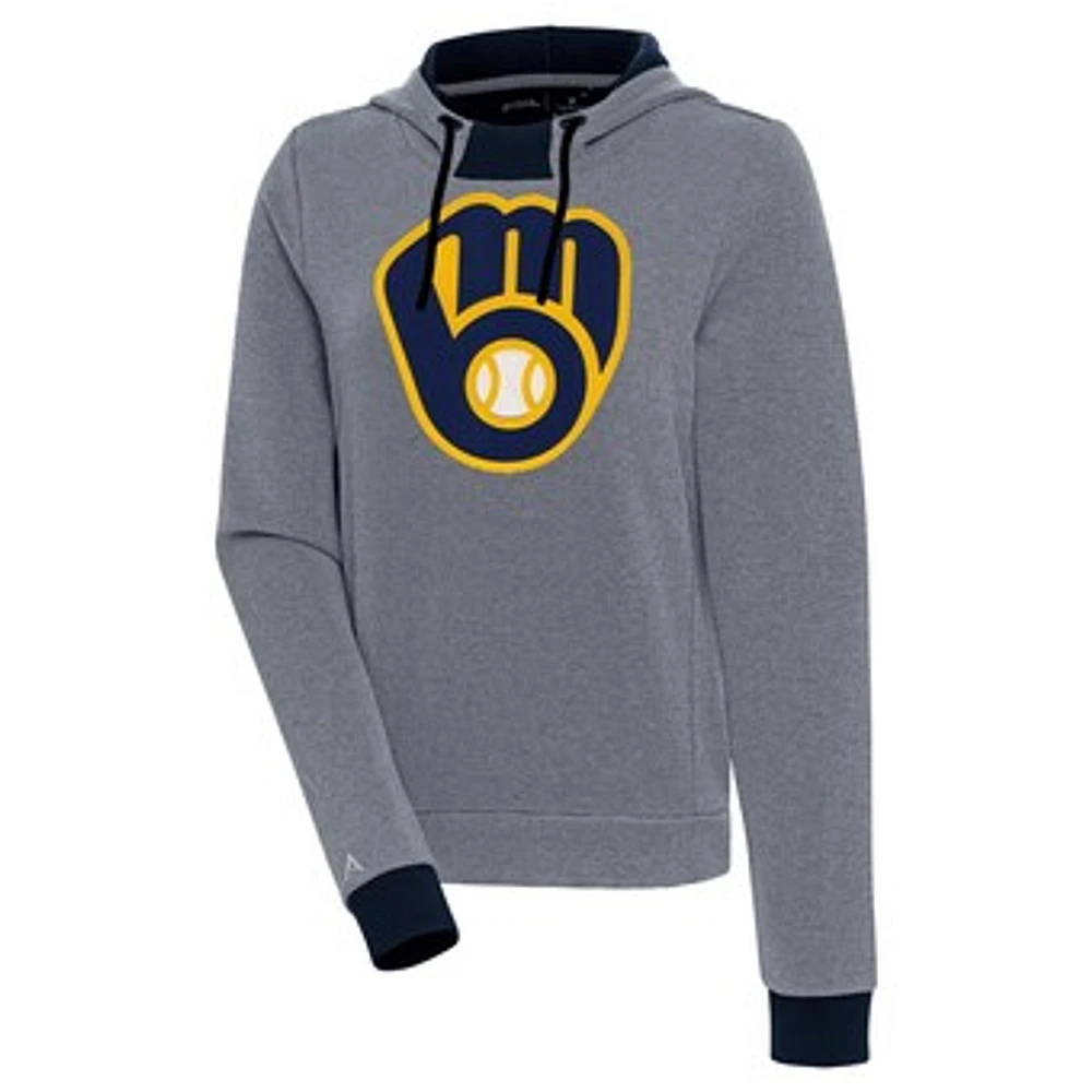Women's Antigua Navy/White Milwaukee Brewers Axe Bunker Tri-Blend Pullover Hoodie
