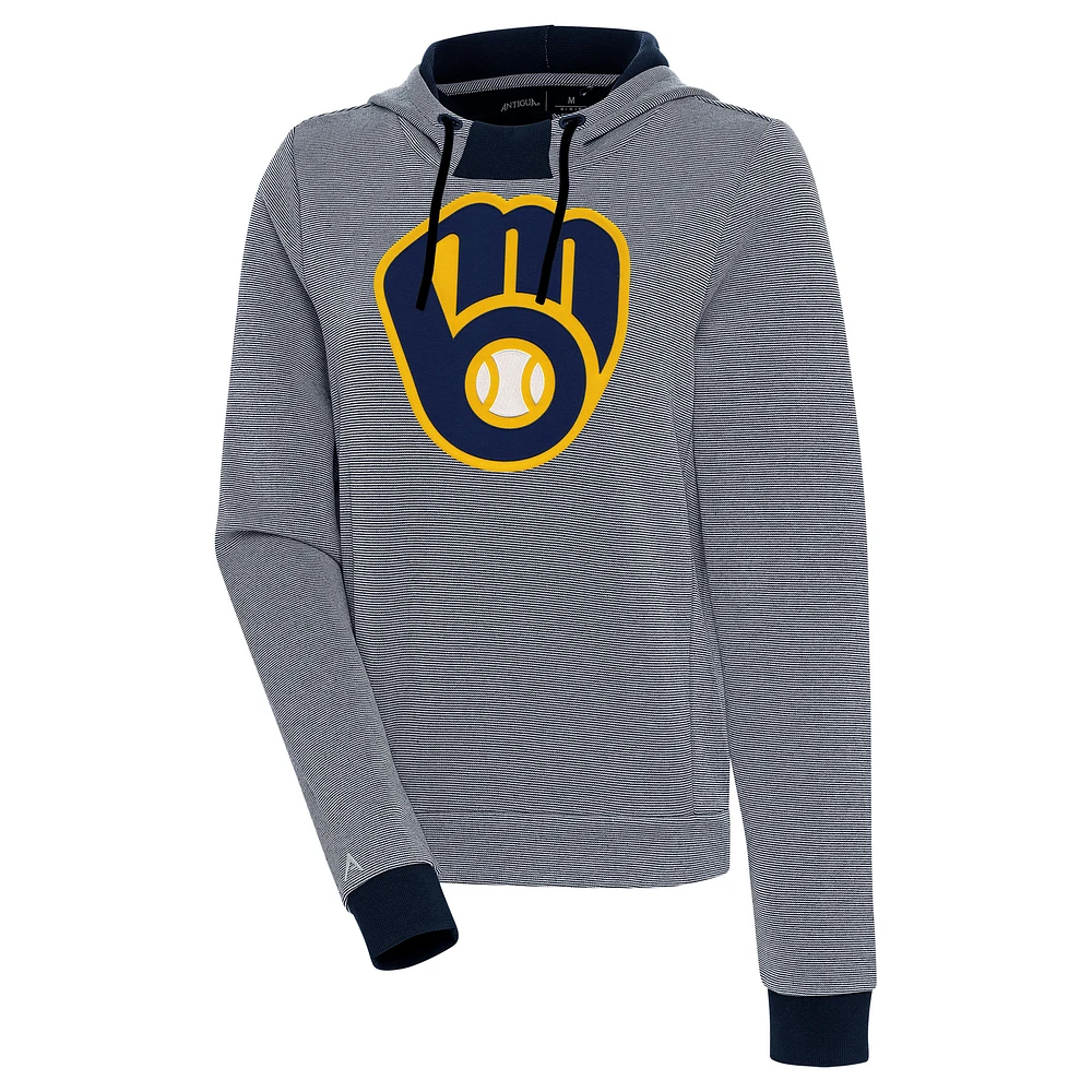 Women's Antigua Navy/White Milwaukee Brewers Axe Bunker Tri-Blend Pullover Hoodie