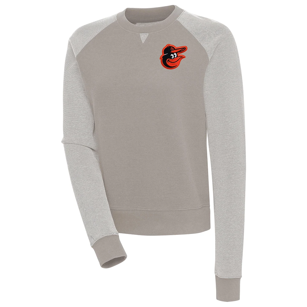 Women's Antigua Oatmeal/White Baltimore Orioles Flier Bunker Tri-Blend Pullover Sweatshirt