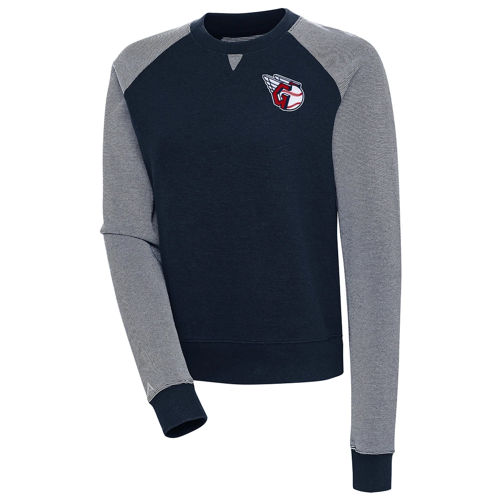 Women's Antigua Navy/White Cleveland Guardians Flier Bunker Tri-Blend Pullover Sweatshirt