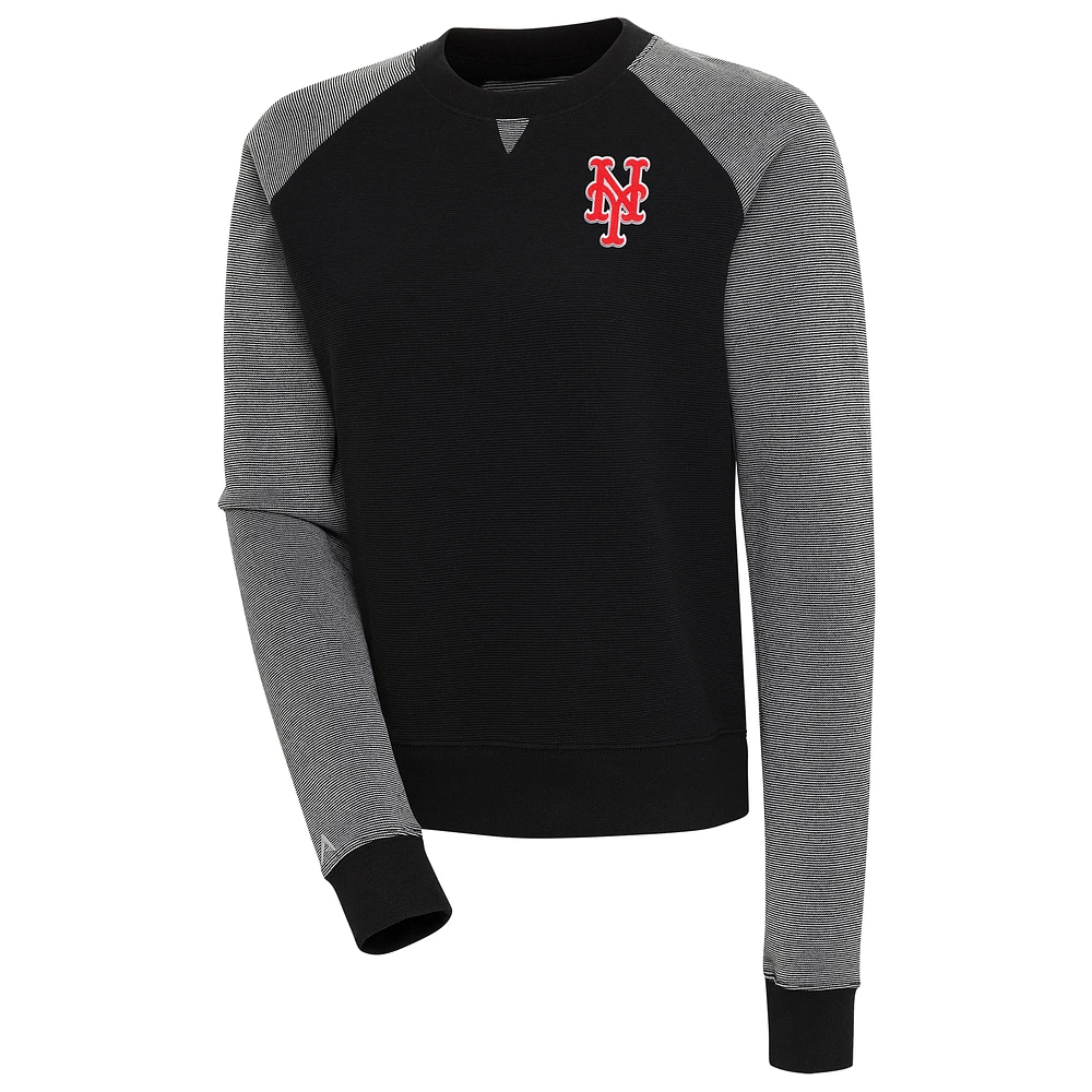 Women's Antigua Black/White New York Mets Flier Bunker Tri-Blend Pullover Sweatshirt