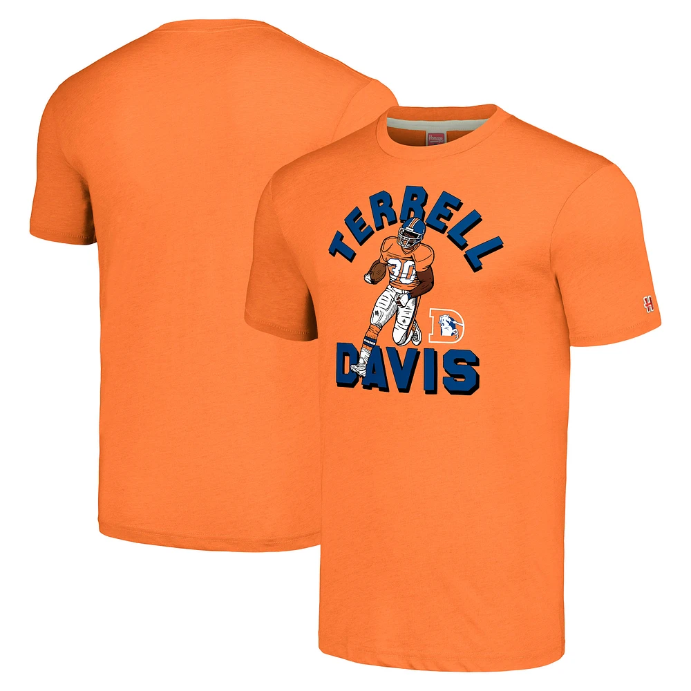 Men's Homage Terrell Davis Heathered Orange Denver Broncos Caricature Retired Player Tri-Blend T-Shirt