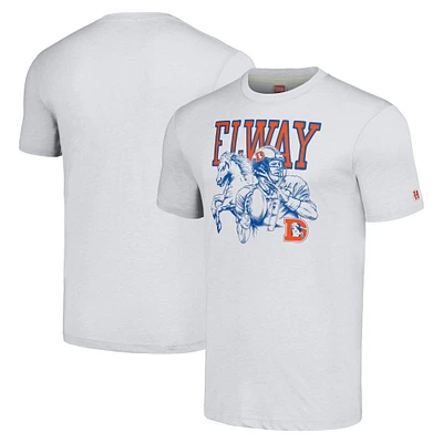 Men's Homage John Elway Heathered Ash Denver Broncos Caricature Retired Player Tri-Blend T-Shirt