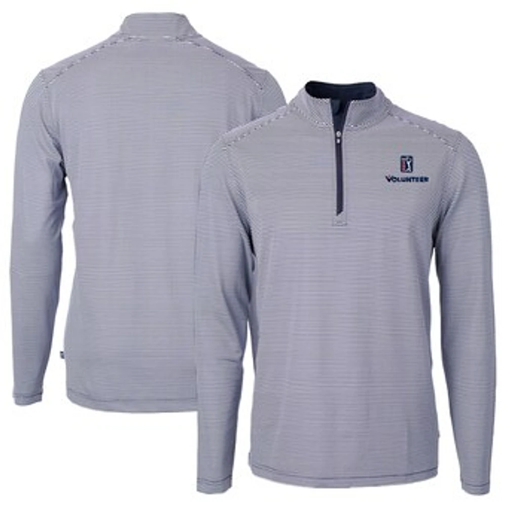 Men's Cutter & Buck Navy PGA TOUR Volunteers Big Tall Virtue Eco Pique Micro Stripe Recycled Quarter-Zip Pullover Top