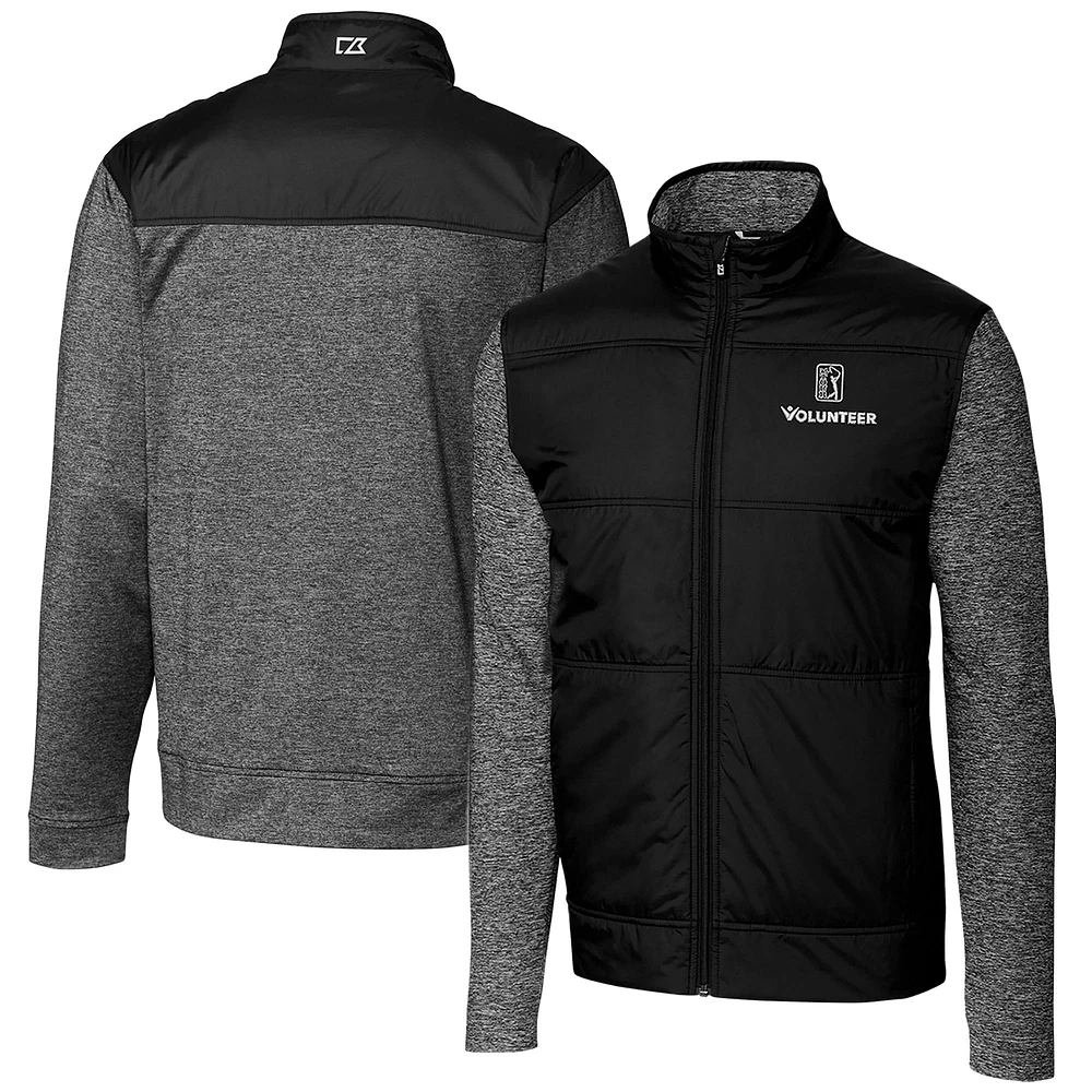 Men's Cutter & Buck Black PGA TOUR Volunteers Big Tall Stealth Hybrid Quilted Full-Zip Windbreaker Jacket