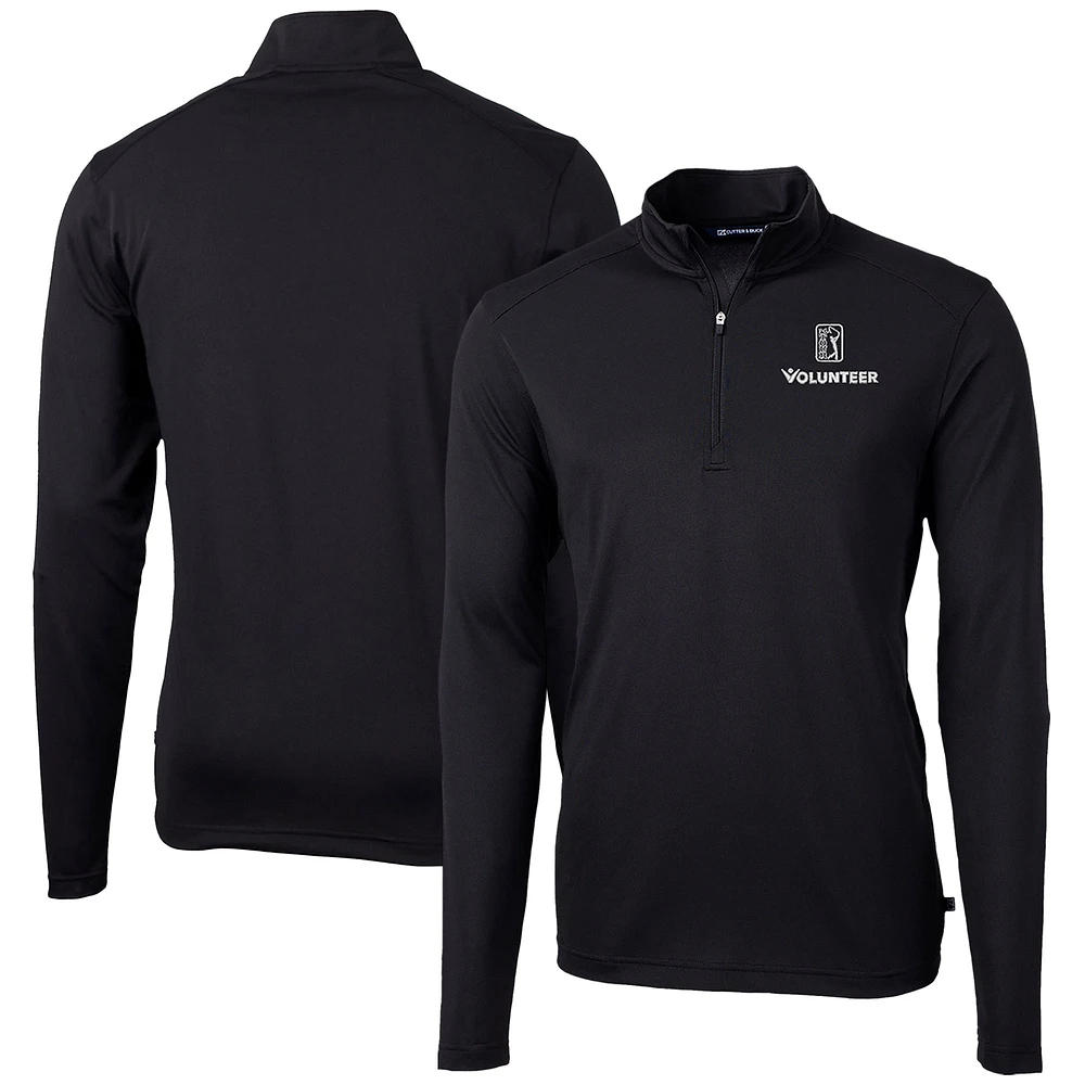 Men's Cutter & Buck Black PGA TOUR Volunteers Big Tall Virtue Eco Pique Recycled Quarter-Zip Pullover Top