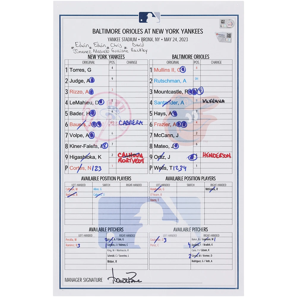 New York Yankees Game-Used Lineup Card vs. Baltimore Orioles on May 24, 2023