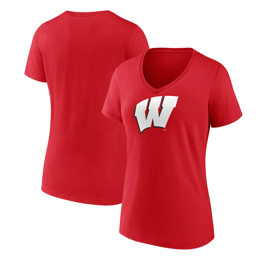 Women's Fanatics Red Wisconsin Badgers Logo V-Neck T-Shirt
