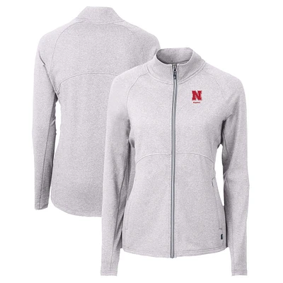 Women's Cutter & Buck Heather Gray Nebraska Huskers Alumni Adapt Eco Knit Recycled Full-Zip Jacket