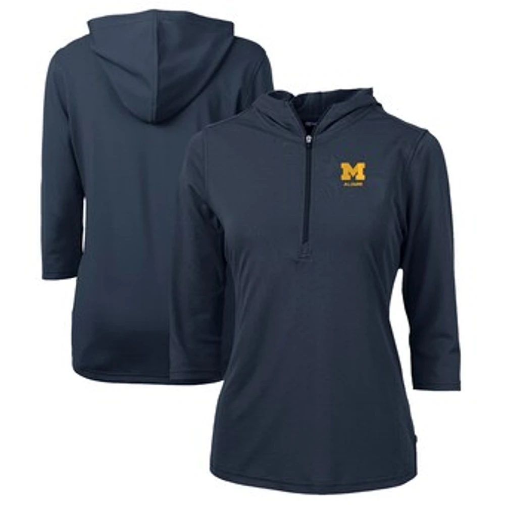 Women's Cutter & Buck Navy Michigan Wolverines Alumni DryTec Virtue Eco Pique Recycled Half-Zip Pullover Hoodie