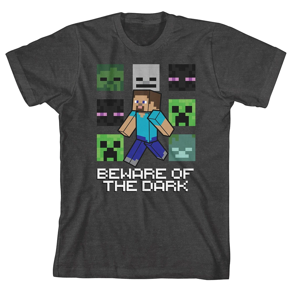 Youth BIOWORLD Heather Charcoal Minecraft Beware Of The Dark T-Shirt