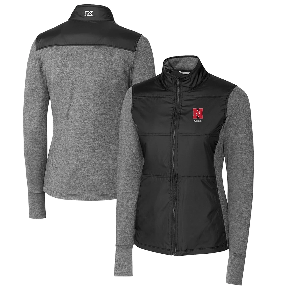 Women's Cutter & Buck Black Nebraska Huskers Alumni DryTec Stealth Hybrid Quilted Full-Zip Windbreaker Jacket