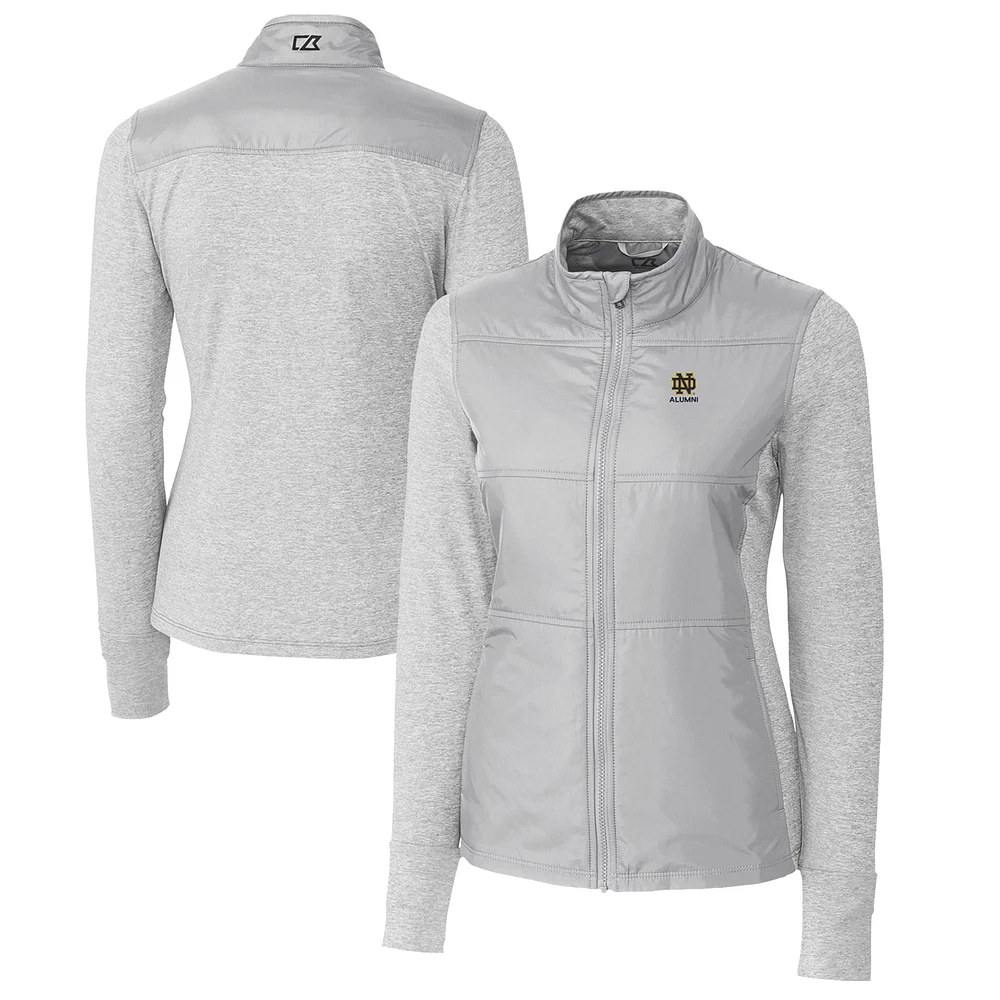 Women's Cutter & Buck Gray Notre Dame Fighting Irish Alumni DryTec Stealth Hybrid Quilted Full-Zip Windbreaker Jacket