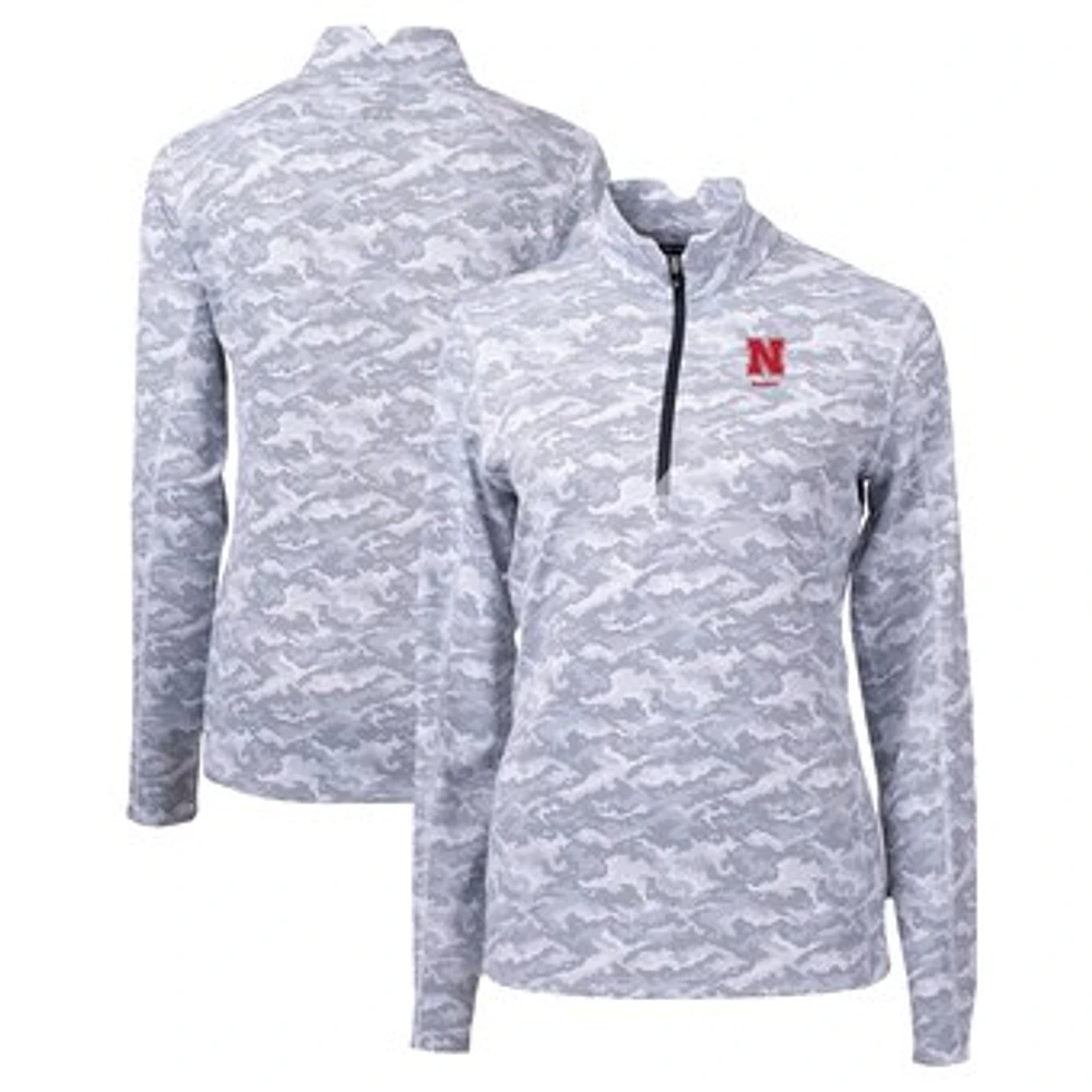 Women's Cutter & Buck Gray Nebraska Huskers Alumni DryTec Traverse Camo Print Stretch Quarter-Zip Top