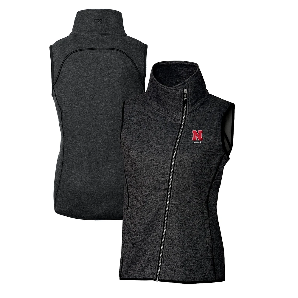 Women's Cutter & Buck Heather Black Nebraska Huskers Alumni Mainsail Sweater-Knit Full-Zip Asymmetrical Vest