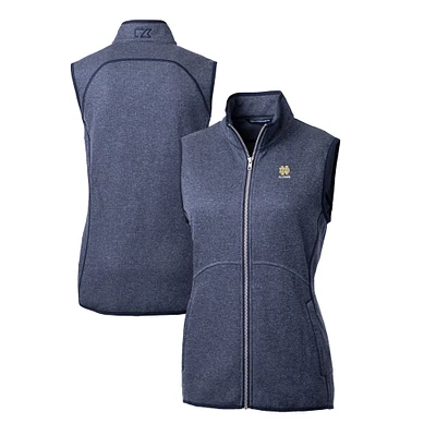 Women's Cutter & Buck Heather Navy Notre Dame Fighting Irish Alumni Mainsail Sweater-Knit Full-Zip Vest