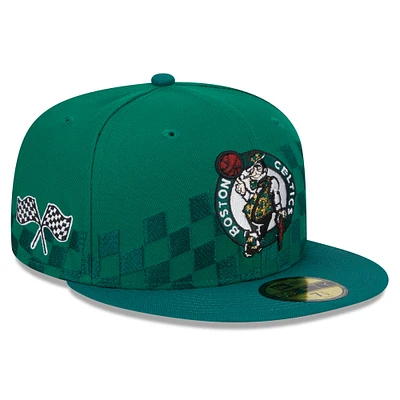 Men's New Era Kelly Green Boston Celtics Rally Drive Checkerboard 59FIFTY Crown Fitted Hat