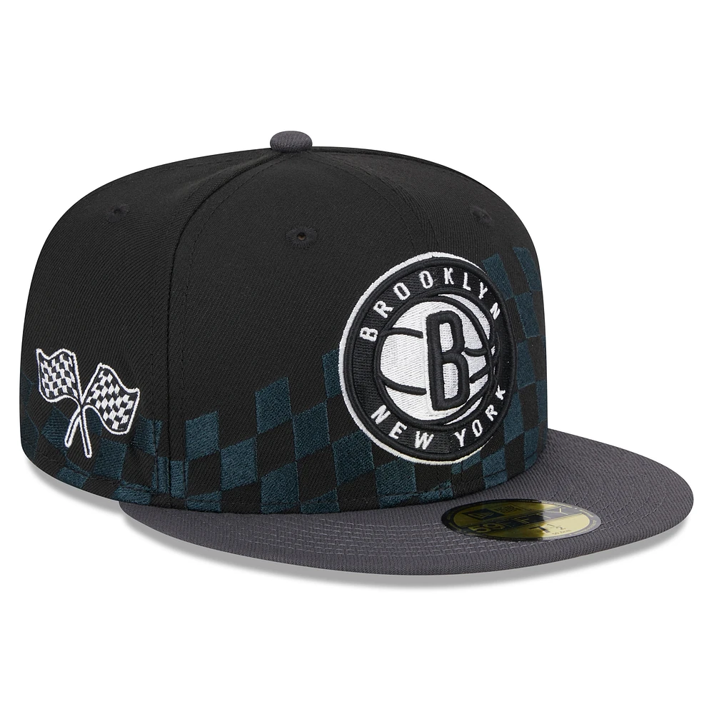 Men's New Era Black Brooklyn Nets Rally Drive Checkerboard 59FIFTY Crown Fitted Hat