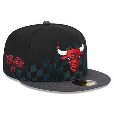 Men's New Era Black Chicago Bulls Rally Drive Checkerboard 59FIFTY Crown Fitted Hat