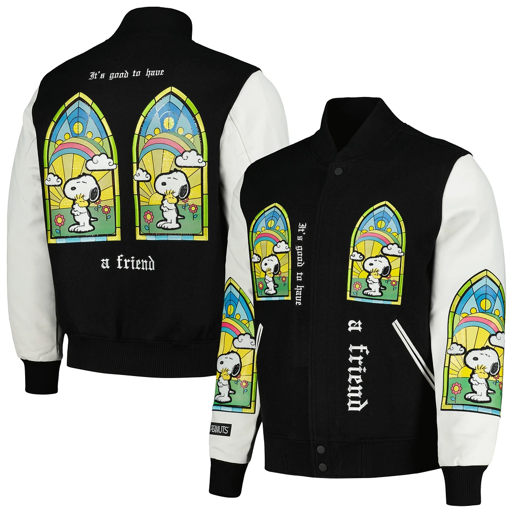 Men's Freeze Max Black/White Peanuts Snoopy A Friend Varsity Full Zip Jacket