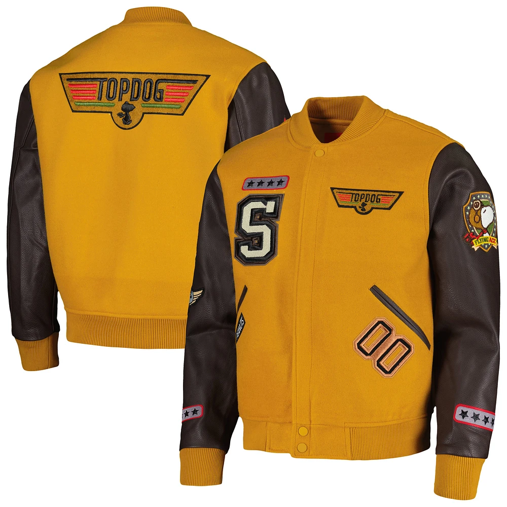 Men's Freeze Max Gold/Brown Peanuts Snoopy Top Dog Varsity Full Zip Jacket