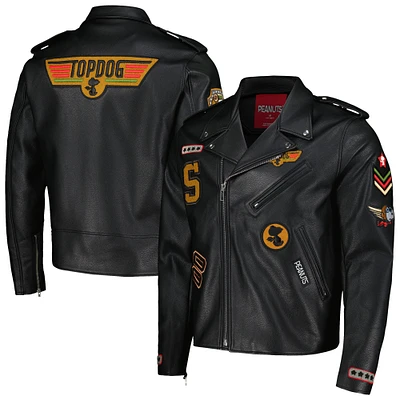 Men's Freeze Max Snoopy Black Peanuts Graphic Biker Full-Zip Jacket