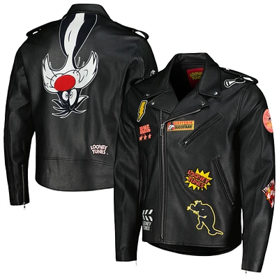 Men's Freeze Max Sylvester Black Looney Tunes Graphic Biker Full-Zip Jacket