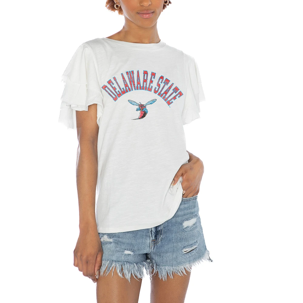 Women's Gameday Couture White Delaware State Hornets Arch Logo Flutter Sleeve Lightweight T-Shirt