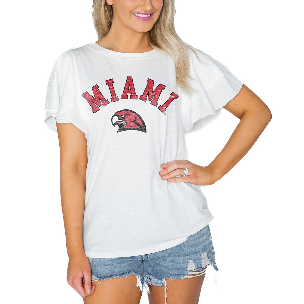 Women's Gameday Couture White Miami University RedHawks Arch Logo Flutter Sleeve Lightweight T-Shirt