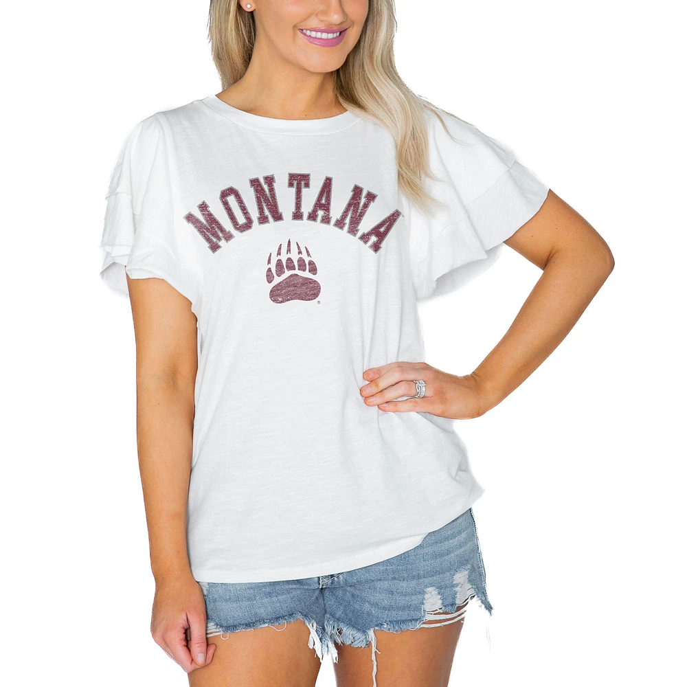 Women's Gameday Couture White Montana Grizzlies Arch Logo Flutter Sleeve Lightweight T-Shirt